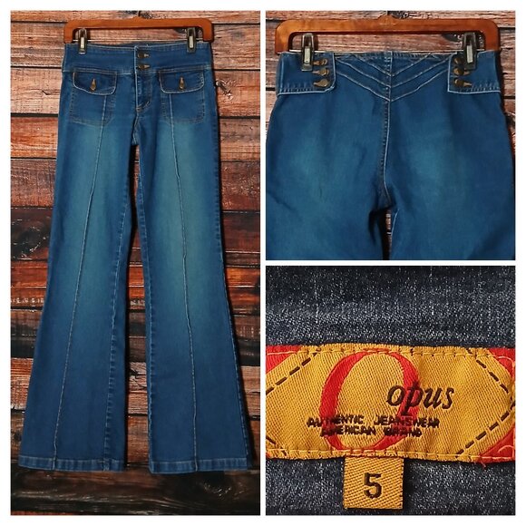 Opus Jeans Size 5 Flare Leg Low Rise Patch Pocket Seamed Blue Denim Stretch VTG - Picture 1 of 9